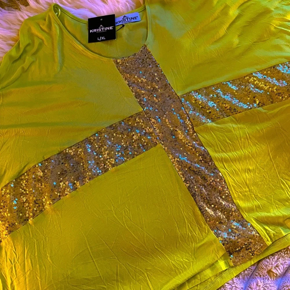 Lime Neon Glam Green Top with Gold Sequin Cross Accents - Showstopper​ - Picture 6 of 10